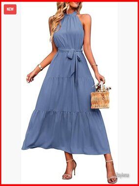 Sleeveless Halter Maxi Dress with Belt, Flowy Ruffle Hem, Summer Boho